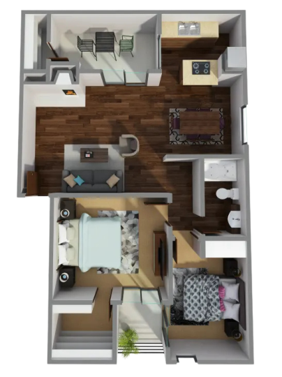 a 3d rendering of a two bedroom apartment at The Cross Creek Apartments