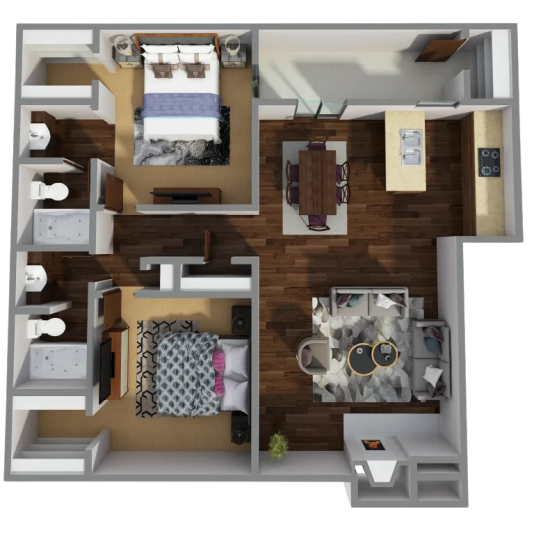 a 3d rendering of a two bedroom apartment at The Cross Creek Apartments