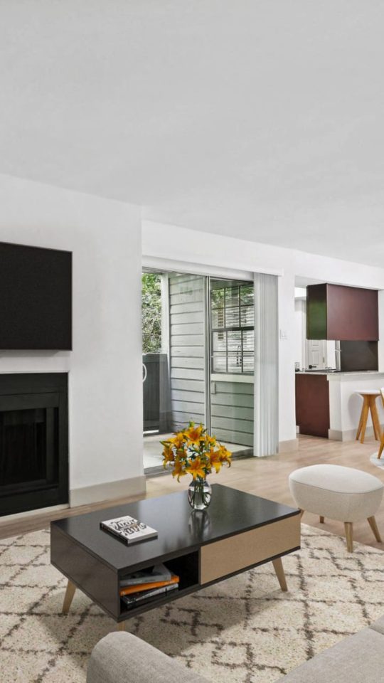 a living room with a fireplace and a television at The Cross Creek Apartments